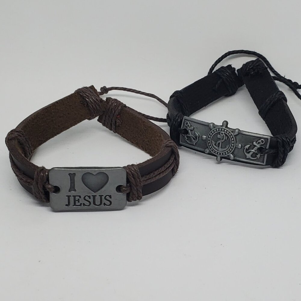 2 Pieces Faux Leather Bracelets Set - Unisex, Versatile Wear - Jesus and Anchor